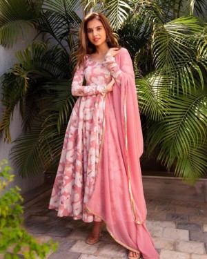 Light Pink New Solid Faux Georgette With Digital Printed Maxi Gown With Dupatta